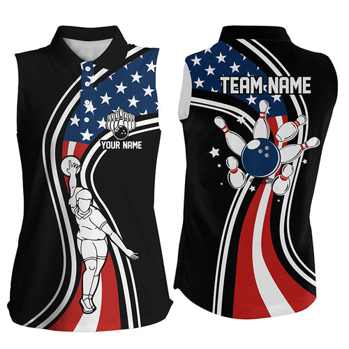 Retro bowling Sleeveless Polo shirts for Women Custom American flag patriotic team bowling jerseys NQS7895