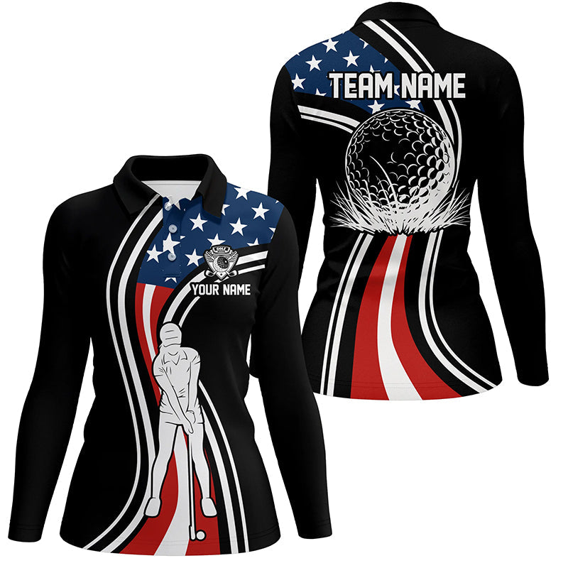 Black American flag custom Womens golf polo shirts, personalized patriot golf gifts for ladies NQS7896