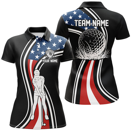 Black American flag custom Womens golf polo shirts, personalized patriot golf gifts for ladies NQS7896