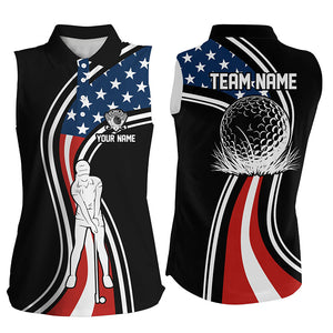 Black American flag custom Womens sleeveless polo shirts, personalized patriot golf gifts for ladies NQS7896