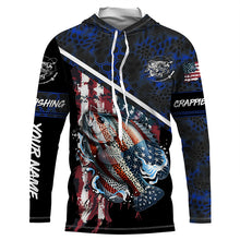 Load image into Gallery viewer, American Flag crappie fishing blue camo Custom Name Fishing Shirts UV Protection NQS3643