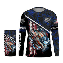 Load image into Gallery viewer, American Flag crappie fishing blue camo Custom Name Fishing Shirts UV Protection NQS3643