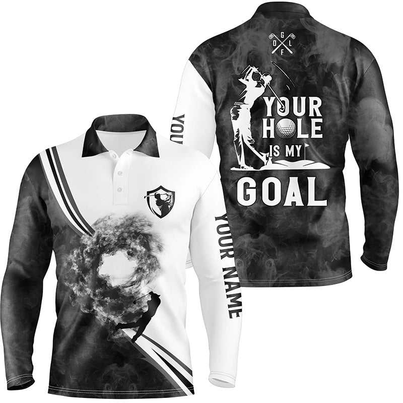 Your hole is my goal custom name black and white smoke Mens golf polo shirt, best mens golf apparel NQS6007
