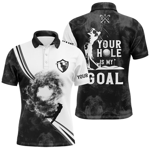Your hole is my goal custom name black and white smoke Mens golf polo shirt, best mens golf apparel NQS6007