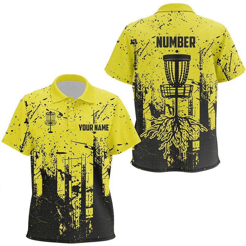 Black & yellow grunge pattern Kid Disc golf polo shirts custom disc golf jerseys, frisbee golf attire NQS8101