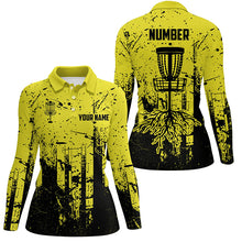 Load image into Gallery viewer, Black &amp; yellow grunge pattern Women Disc golf polo shirt custom disc golf jerseys, frisbee golf attire NQS8101