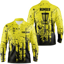 Load image into Gallery viewer, Black &amp; yellow grunge pattern Mens Disc golf polo shirts custom disc golf jerseys, frisbee golf attire NQS8101