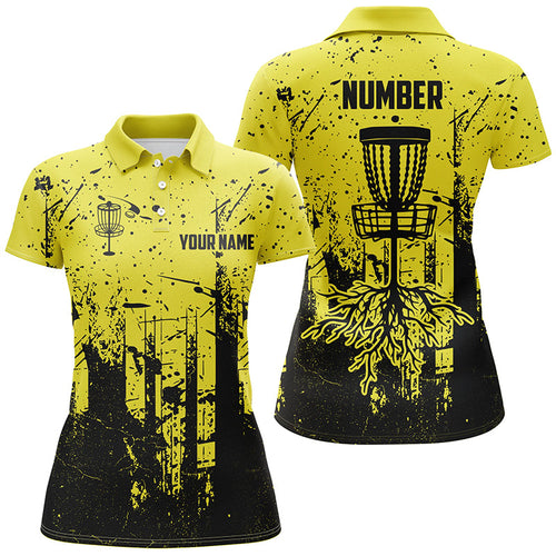 Black & yellow grunge pattern Women Disc golf polo shirt custom disc golf jerseys, frisbee golf attire NQS8101