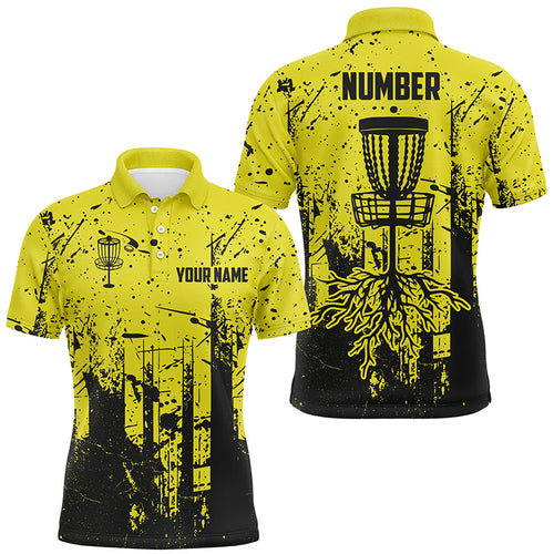 Black & yellow grunge pattern Mens Disc golf polo shirts custom disc golf jerseys, frisbee golf attire NQS8101