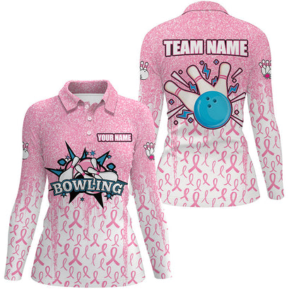 Pink glitter ribbon Women Bowing Polo, 1/4 Zip Shirts Custom Breast Cancer Awareness bowling jerseys NQS8103