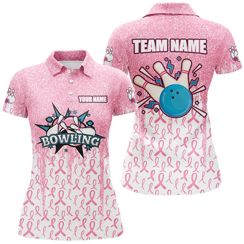 Pink glitter ribbon Women Bowing Polo, 1/4 Zip Shirts Custom Breast Cancer Awareness bowling jerseys NQS8103