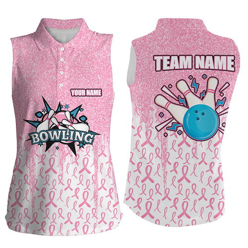 Pink glitter ribbon Women Sleeveless Polo Shirt Custom Breast Cancer Awareness bowling jerseys NQS8103
