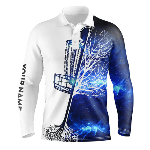 Mens disc golf polo shirt custom name blue galaxy disc golf basket, personalized disc golf shirts NQS6199