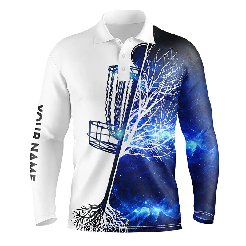 Mens disc golf polo shirt custom name blue galaxy disc golf basket, personalized disc golf shirts NQS6199