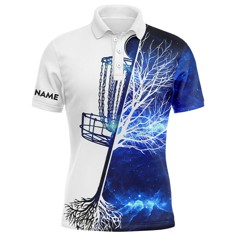 Mens disc golf polo shirt custom name blue galaxy disc golf basket, personalized disc golf shirts NQS6199