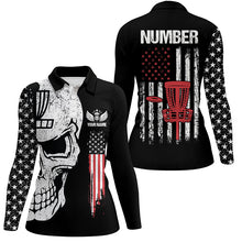 Load image into Gallery viewer, Black American flag Womens disc golf polo shirts custom name, number patriotic disc golf skull apparel NQS6205