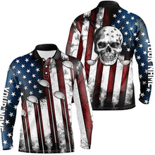 Load image into Gallery viewer, American flag golf Clubs Skull Mens Golf Polo Shirts Custom Patriotic golf attire for men golfer gifts NQS8536