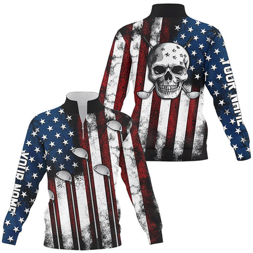 American flag golf Clubs Skull Quarter zip golf sweatshirt Custom Patriotic golf sweater golfer gifts NQS8536