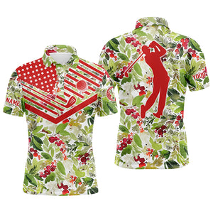 Mens golf polo shirt Christmas pattern American flag custom name golf shirt NQS4185