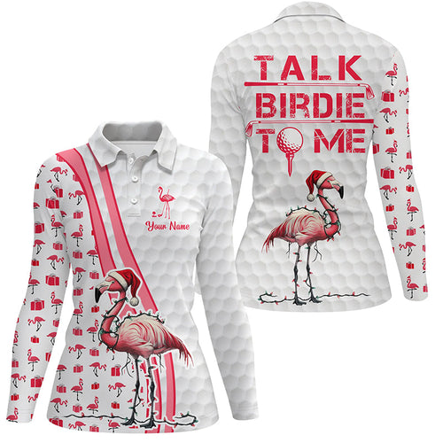 Funny Womens golf polo shirt custom pink and white flamingo Christmas golf shirts talk birdie to me NQS8778