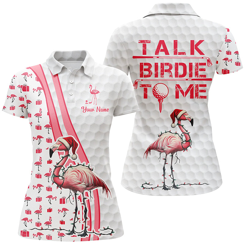 Funny Womens golf polo shirt custom pink and white flamingo Christmas golf shirts talk birdie to me NQS8778