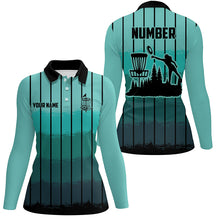 Load image into Gallery viewer, Mint Blue stripe Retro disc golf polo shirt for women custom name and number frisbee golf jerseys NQS8780