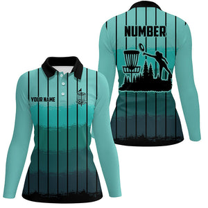 Mint Blue stripe Retro disc golf polo shirt for women custom name and number frisbee golf jerseys NQS8780