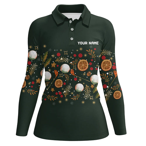 Funny Womens golf polo shirt custom Green Christmas golf pattern, christmas golf attire for ladies NQS8782