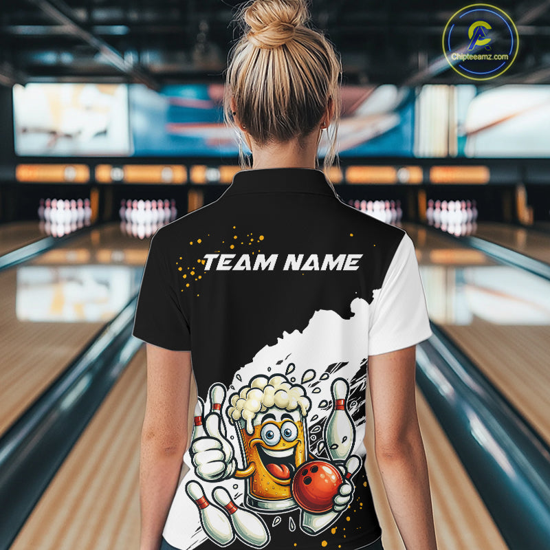 Funny Beer Glass Black and White Bowling Polo, 1/4 Zip Shirts for Women Custom Bowling Team Jersey NQS10933