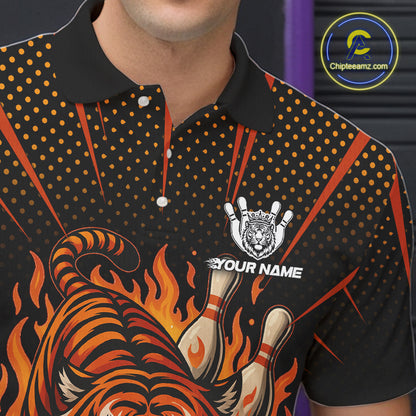 Personalized Tiger Bowling Shirts For men, Black and Orange Flame Team Tiger Bowling Jerseys NQS11110