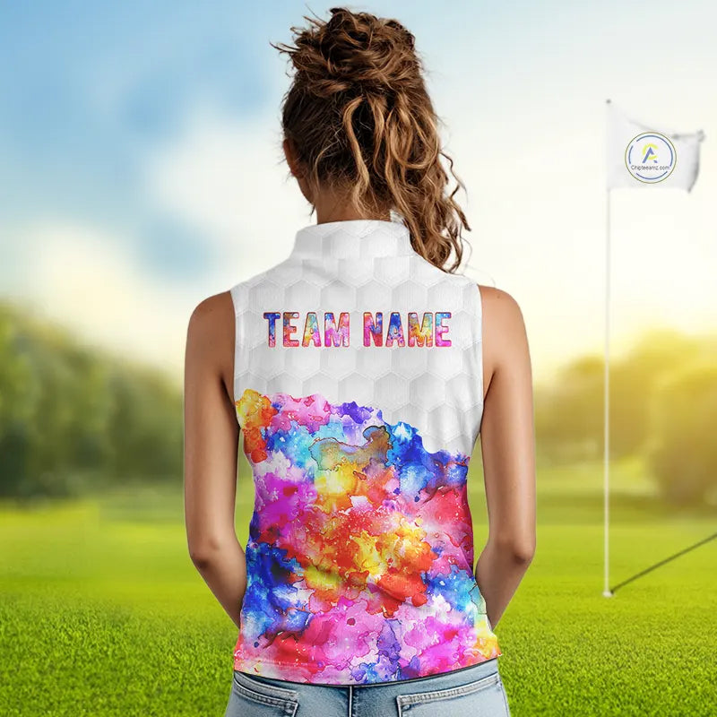 Colorful watercolor Sleeveless polo shirts Custom team golf outfit, Personalized ladies golf top NQS11315