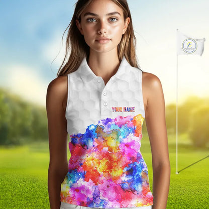 Colorful watercolor Sleeveless polo shirts Custom team golf outfit, Personalized ladies golf top NQS11315