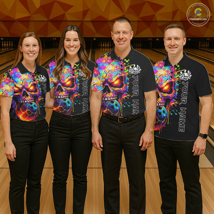 Colorful Skull bowling jerseys Bowling Polo, 1/4 zip Shirt Custom Bowling Team shirt for ladies NQS11317