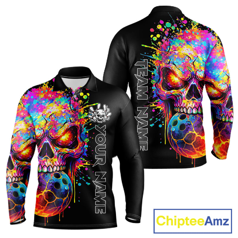 Colorful Skull bowling jerseys Bowling Polo, 1/4 zip Shirt Custom Bowling Team shirt for mens bowlers NQS11317