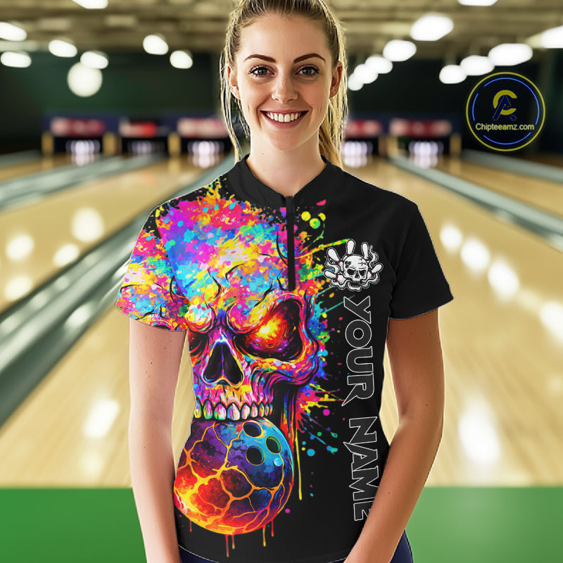 Colorful Skull bowling jerseys Bowling Polo, 1/4 zip Shirt Custom Bowling Team shirt for ladies NQS11317