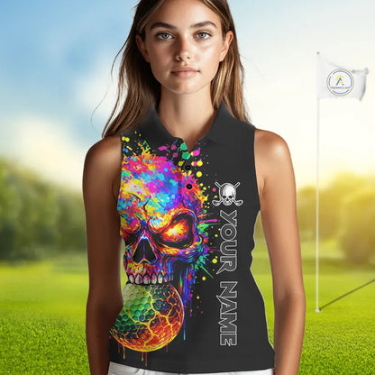 Colorful Skull Golf jerseys Black Women's Sleeveless polo shirt Custom Team ladies golf clothes NQS11318