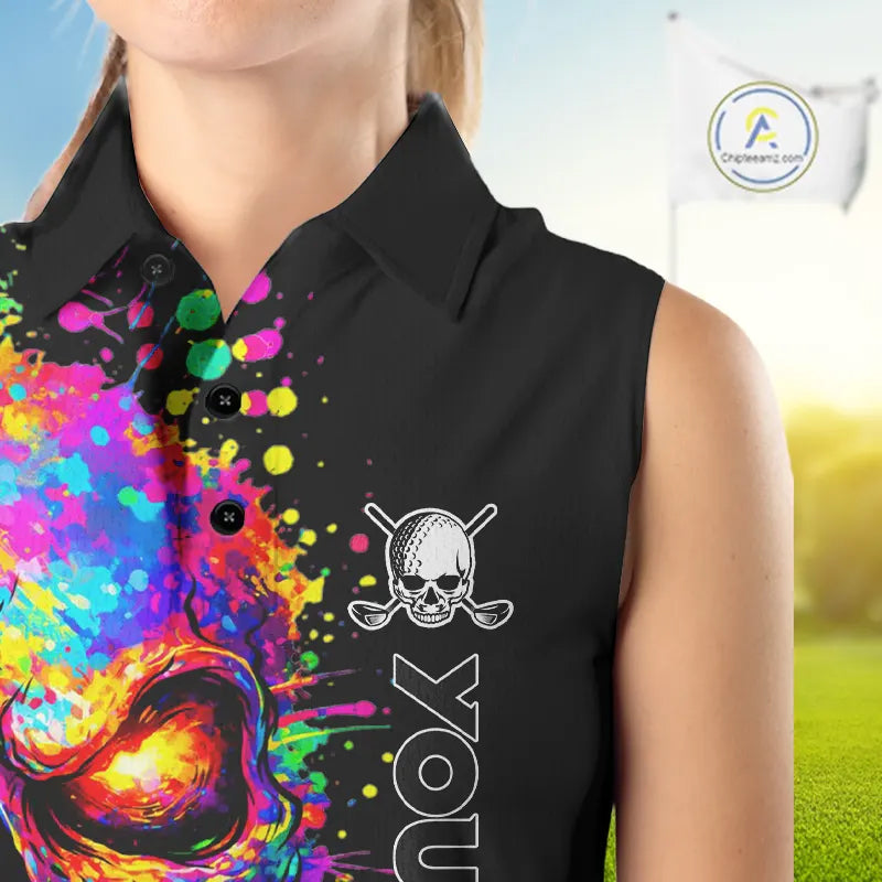 Colorful Skull Golf jerseys Black Women's Sleeveless polo shirt Custom Team ladies golf clothes NQS11318