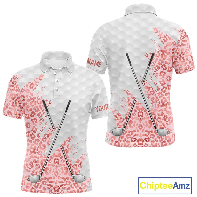 Pink glitter Leopard skin pattern custom name white Mens golf polo shirts, team golf tops for men NQS11526