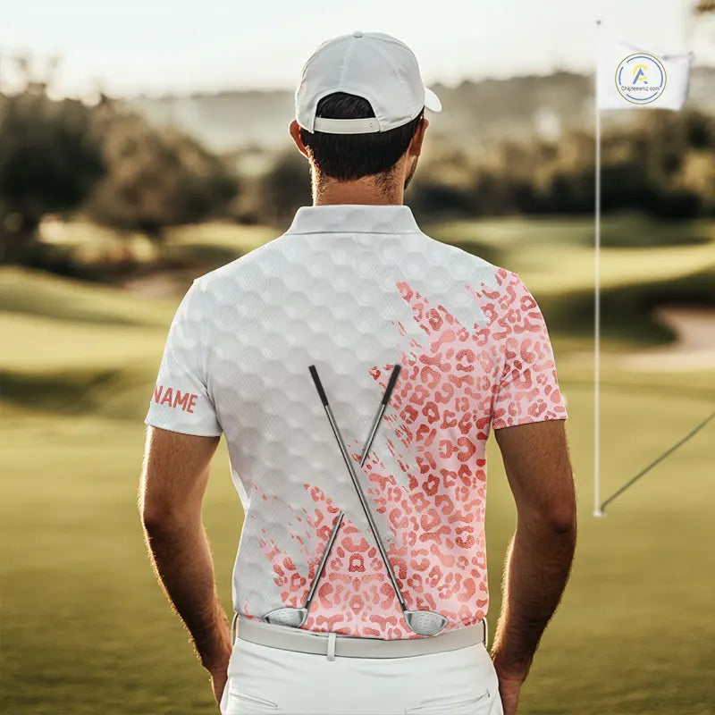Pink glitter Leopard skin pattern custom name white Mens golf polo shirts, team golf tops for men NQS11526