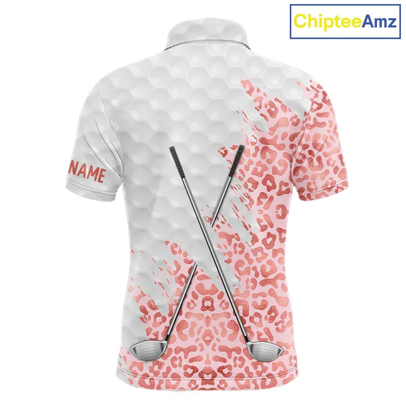 Pink glitter Leopard skin pattern custom name white Mens golf polo shirts, team golf tops for men NQS11526