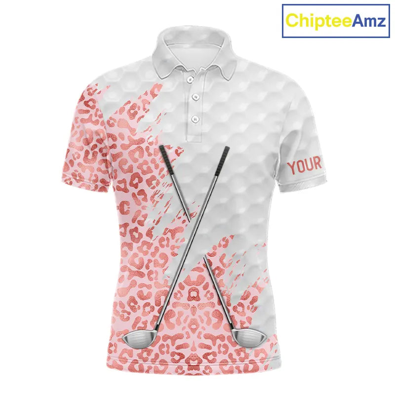 Pink glitter Leopard skin pattern custom name white Mens golf polo shirts, team golf tops for men NQS11526