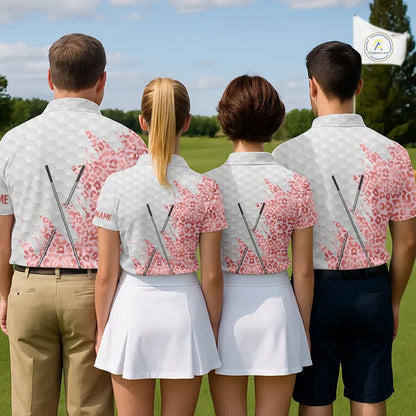 Pink glitter Leopard skin pattern custom name white Mens golf polo shirts, team golf tops for men NQS11526