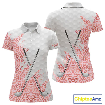 Pink glitter Leopard skin pattern custom name white Womens golf polo shirts, team ladies golf tops NQS11526