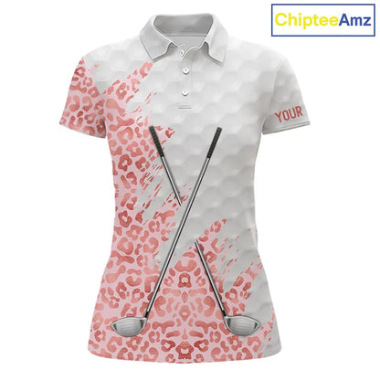 Pink glitter Leopard skin pattern custom name white Womens golf polo shirts, team ladies golf tops NQS11526