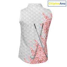 Load image into Gallery viewer, Pink glitter Leopard skin pattern custom name white sleeveless polo shirts, team ladies golf tops NQS11526