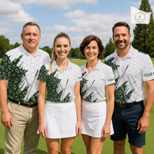 Load image into Gallery viewer, Green glitter Leopard skin pattern custom name white Mens golf polo shirts, team golf tops for men NQS11527