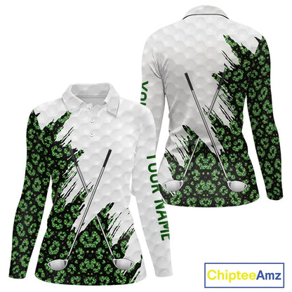 Green glitter Leopard skin pattern custom name white Womens golf polo shirts, team ladies golf tops NQS11527