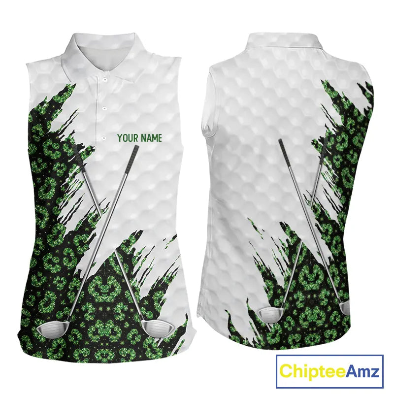 Green glitter Leopard skin pattern custom name white sleeveless polo shirts, team ladies golf tops NQS11527