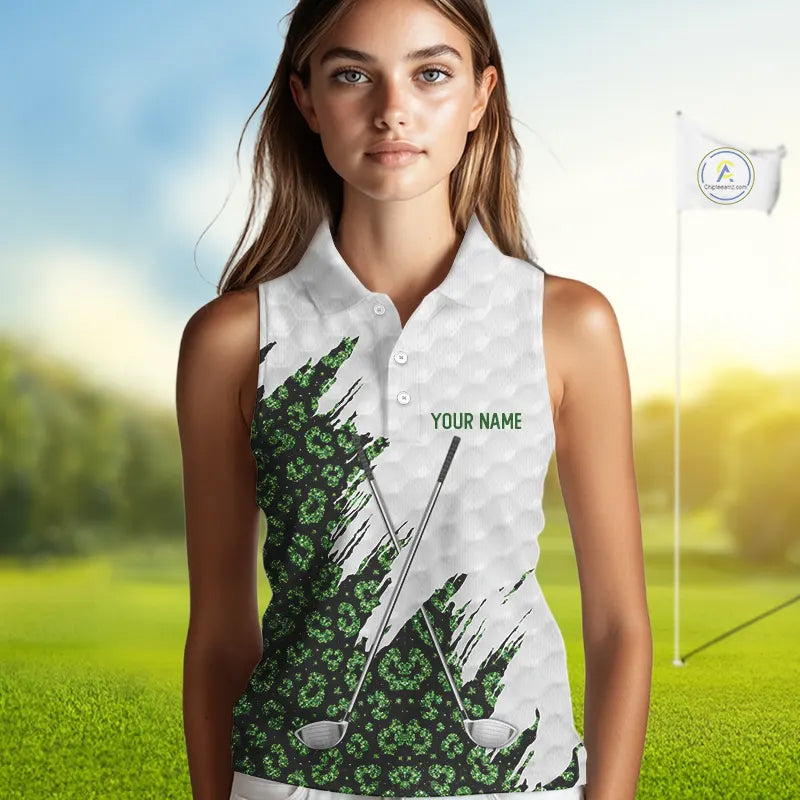 Green glitter Leopard skin pattern custom name white sleeveless polo shirts, team ladies golf tops NQS11527