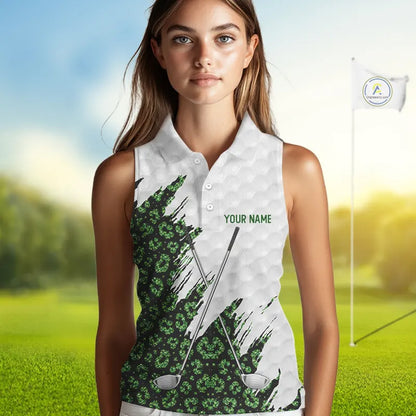 Green glitter Leopard skin pattern custom name white sleeveless polo shirts, team ladies golf tops NQS11527